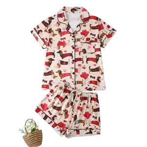 Cute Dachshund Dog Heart Short Sleeve Pajama, Puppy Lover Sleepwear For Women, Funny Wiener Dog Print Lounge Set, Animal Pet Gift | 070126.C14978.ID00