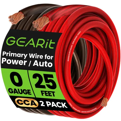 GearIt 1/0 Gauge CCA Copper Wiring, 25 ft Soft-Touch Automotive Power Wire, 300V Polarity-Safe for Subwoofers, Car Speakers, 12V Power Inverters & Indoor Use Electrical Equipment