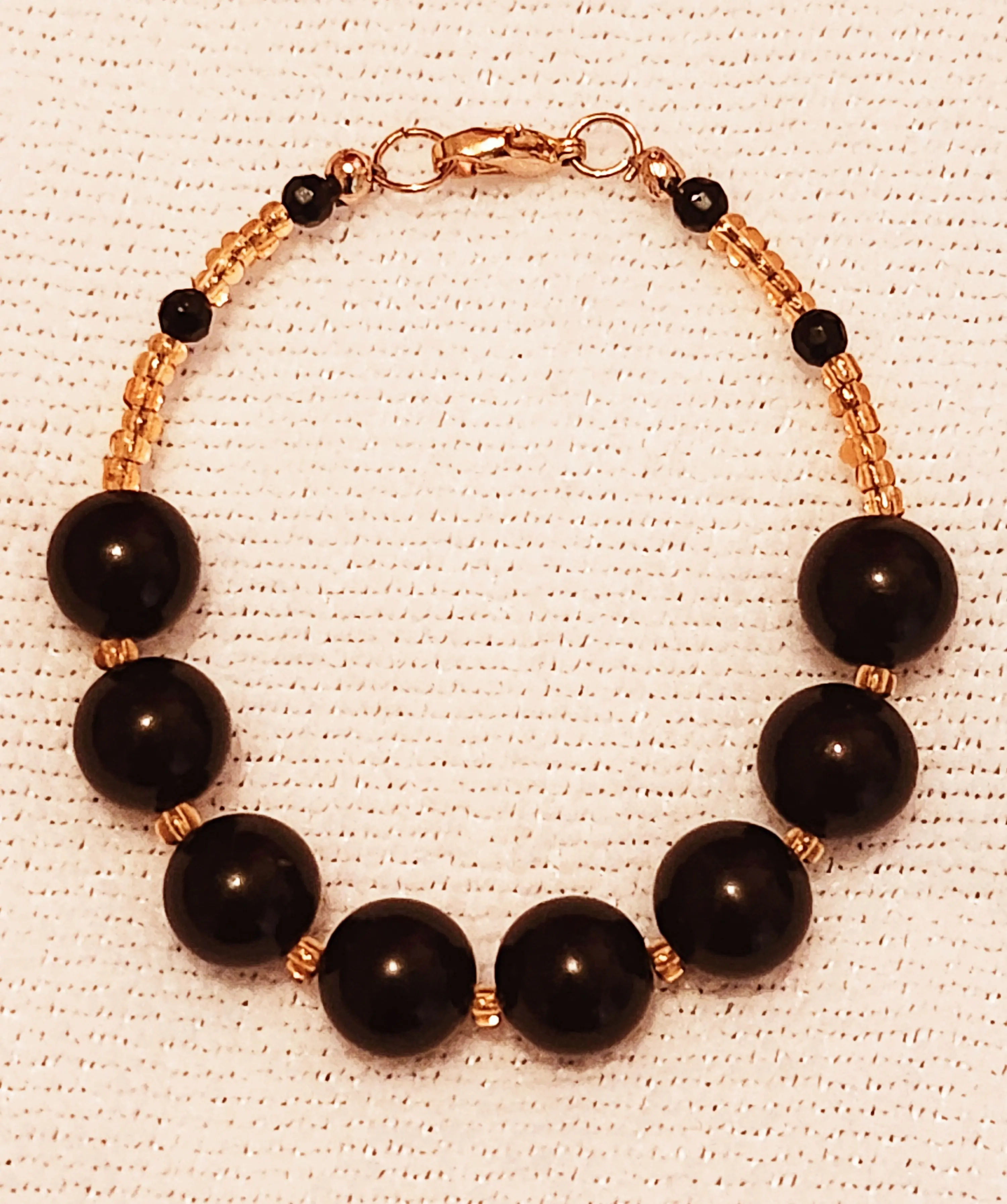 Lisa's Unique Bead-Art Unisex Semiprecious Stone Wrist Bracelet - 7in Elegant Layered Jewelry, 10mm Black Onyx, 4mm Faceted Glass Beads, Handcrafted Affordable Luxury, Casual Daily Wear, Choking Hazard Small Parts, no, Handmade Craft, 7 In, Faceted 4Mm Gl