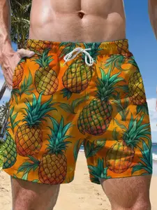 Men's Active Pineapple Swim Trunks, Adjustable Drawstring Waist, Lightweight Quick-Dry Material, Ideal for Swimming, Surfing, Summer Fun
