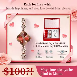 Luxury Clover Bracelet Watch for Women Mothers Day Gift Elegant Lucky Four Leaf Clover Wristwatch Jewelry Set Fashion Quartz Watch Gift for Mom Wife Her Romantic Meaningful Present Timeless Keepsake