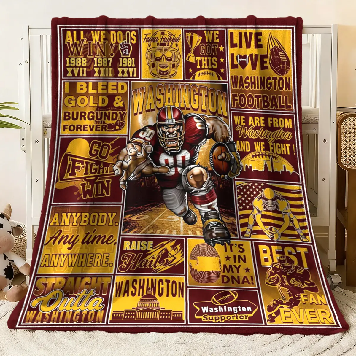Washington Football Flannel Blanket, Retro Sports - Themed Throw with Team - Spirit Slogans, Player & Iconic Graphics, Cozy Warm Fleece Blanket for Fans, Bedroom/Living Room Decor (Burgundy &