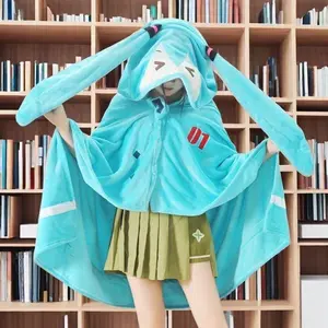 160x100cm Kawaii Hatsune Miku Multifunction Hooded Air Conditioning Blanket Soft And Warm Siesta Shawl Miku Flannel Cloak Gifts