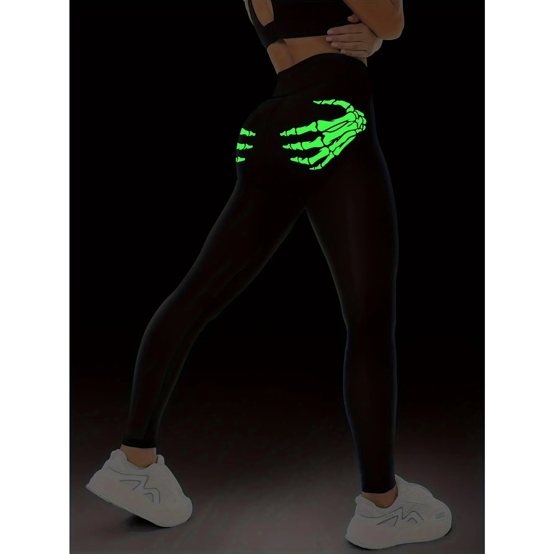 Fluorescent Color Halloween Bone Finger Sports Leggings Stretch Fitness Yoga Workout Tights For Women Active Wear