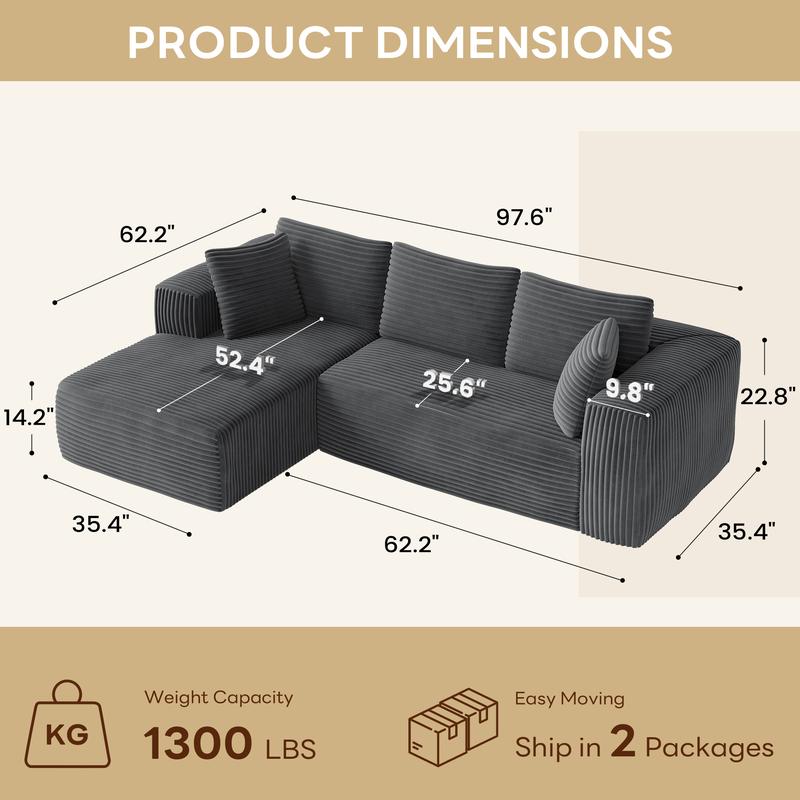 Plush Corduroy Cloud Velvet Modular Sofa Boneless 3-Seater Sectional with Chaise Extra-Wide Seat No Assembly Perfect for Small Spaces Cozy Corners & Apartments