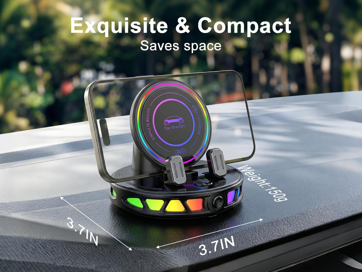 15W 360° Rotating Wireless Car Charger Phone Mount with Ambient RGB Light, Adjustable Suction Cup Holder for Dashboard & Windshield