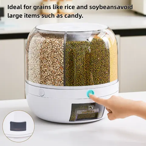 UFORU Moisture-Proof Grain Dispenser - 22-Pound Large Capacity Cylinder, Dustproof Insect-Proof Eco-Friendly Durable Plastic, Transparent Drawer, 360° Rotating Multi-Grid Kitchen Gadgets, No Battery Storage Container for Rice, Pet Food