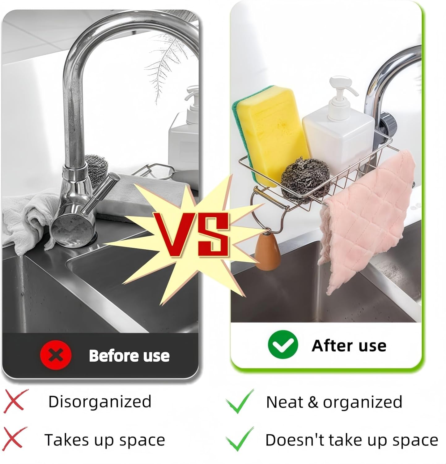 Stainless Steel Faucet Sponge Drain Rack, Multi-Purpose Kitchen & Bathroom Hanging Storage Shelf, No Tools Needed Adjustable Acrylic Straw Holder blade stand cork door hangers