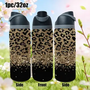 32 Oz Stainless Steel Insulated Cup, Gold Glitter Leopard Print, Gradient Sequins Animal Pattern, Leak-Proof Portable Water Bottle