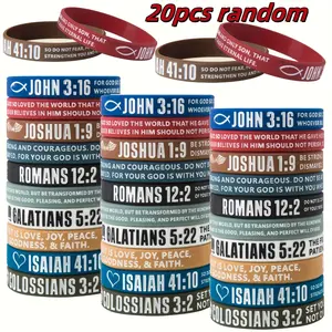 20pcs Bible Verse Bracelets - Christian Religious Scripture Wristbands with Bible Verses (John 3:16, Joshua 1:9, Romans 12:2, Colossians 3:2 41:10) - Non-Slip Religious Party Favors, Church, Bible Study, Personal Devotionals