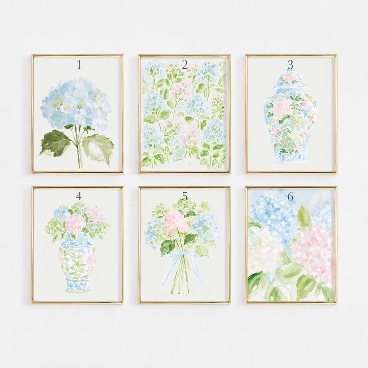 Pastel Pink Blue & Green Watercolor Hydrangeas Set - Preppy Grandmillenial Floral College Dorm Prints Unframed