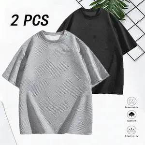 2PCS Men’s Textured Geometric Jacquard Crew Neck T-Shirt, Loose Fit Casual Streetwear