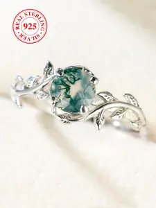 S925 Sterling Silver Vintage Green Agate Decorated Marquise Ring, Elegant Women's Rings, Fashion Wedding Engagement Jewelry for Women As Gift