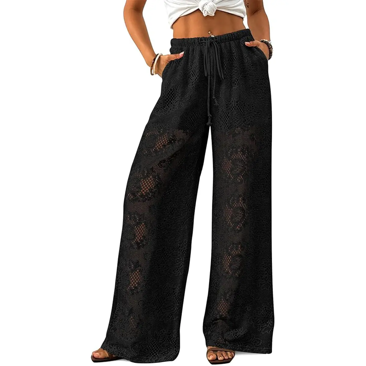 Bsubseach Women Crochet Beach Cover Up Pants Sheer Wide Leg Drawstring Summer Swimsuit Coverup Long Pants with Pockets Casual Breathable