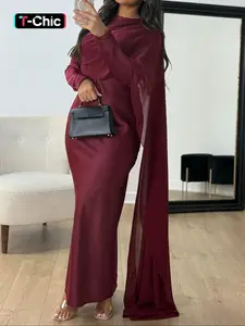 Pure Color Elegant Fashion One-Shoulder Cape Long Sleeve Dress, Fitted Style, Plain Pattern, Long Dress Length, Women's Clothing, Formal Wear