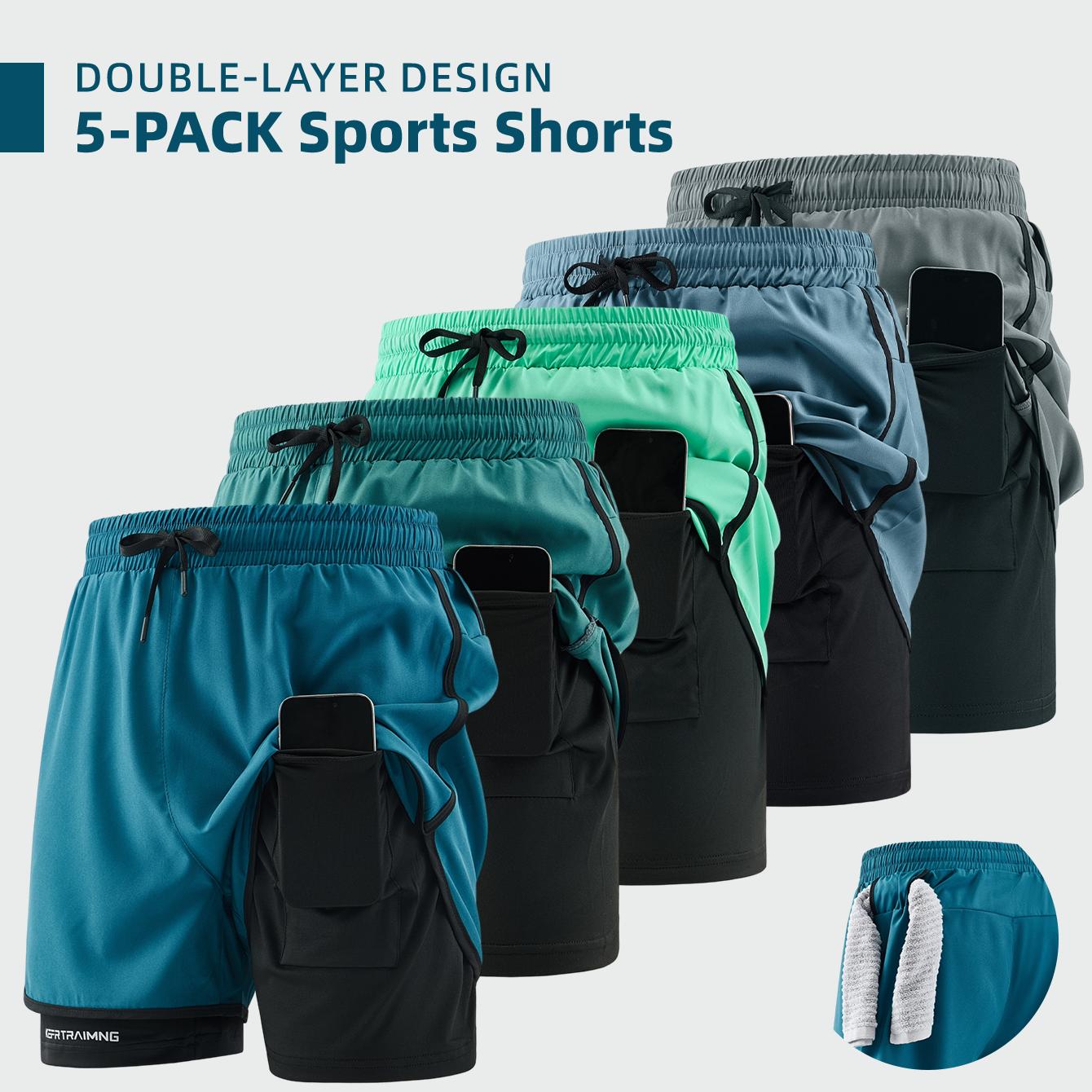 Men’s 5-pack double-layer faux two-piece running shorts with phone pocket and towel loop; quick-drying, breathable, anti-exposure design; lightweight and comfortable; versatile for running, fitness, basketball training, everyday commuting.