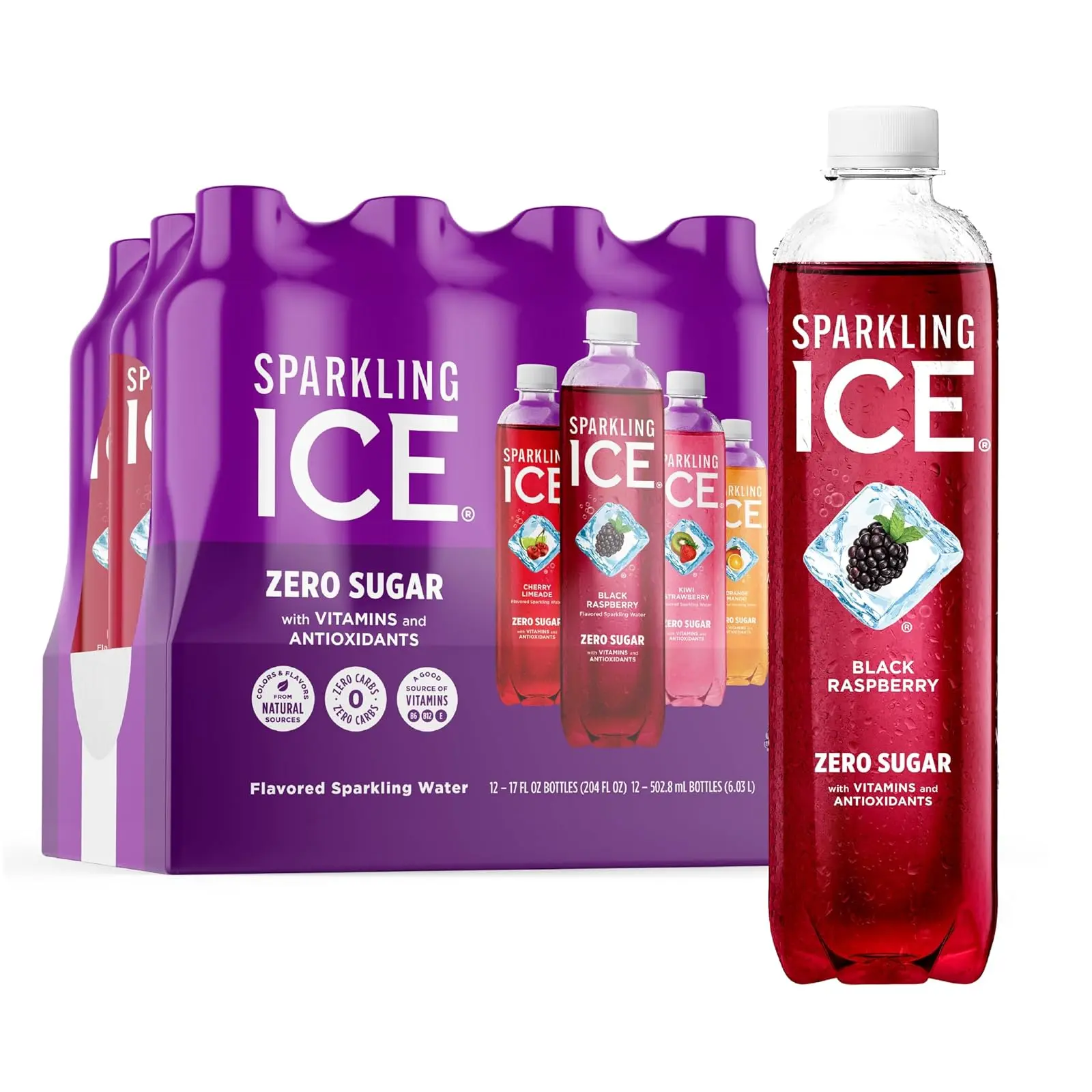 Sparkling Ice Purple Variety Pack Flavored Water Zero Sugar with Vitamins & Antioxidants 17 fl oz 12 count Black Raspberry Cherry Limeade Orange Mango Kiwi Strawberry