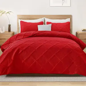 Full Queen Size Quilt with Striped Pattern, 3 Summer Lightweight Red Quilts, Bedspreads Coverlets for Seasons