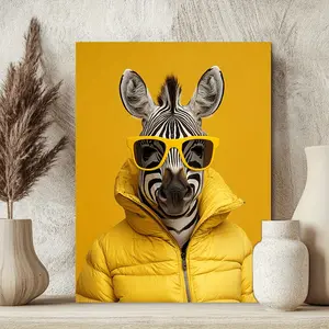 1 Piece Wooden Frame Canvas Painting - Fantasy Zebra Wearing Yellow Fashion Glasses and Fluffy Jacket Art, Modern Art Decoration Style, Vibrant Mustard Yellow Background, Indoor Wall Decoration, Suitable for Living Room, Bedroom, Office, Classroom, Classr