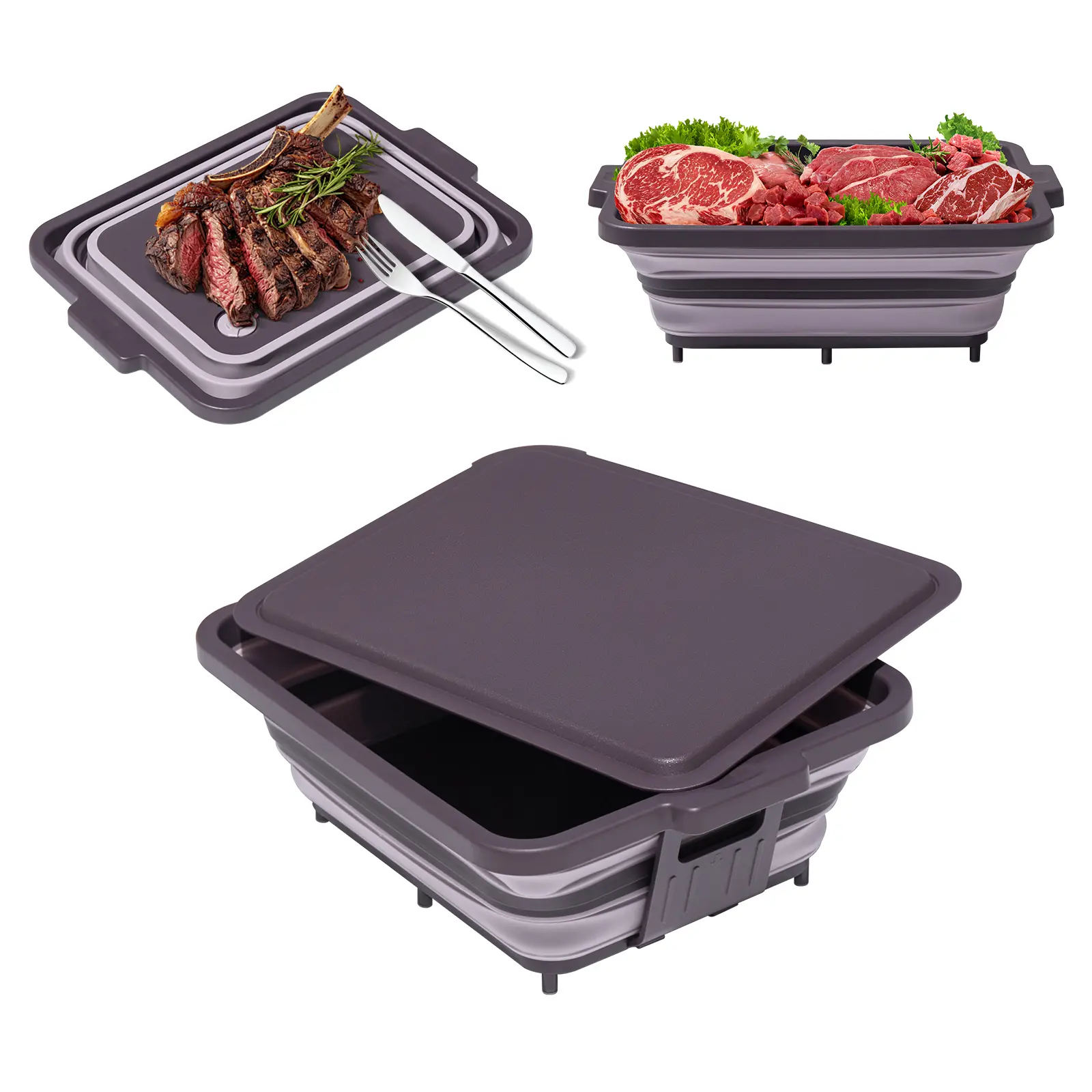 ANJUKE 2gal Collapsible BBQ Prep Tub with Lid - Multi-use Foldable Kitchenware for Camping: Sink, Colander, Marinating Tub, Cutting Board, Serving Tray, Drink Chiller for Picnic, Outdoor Activities