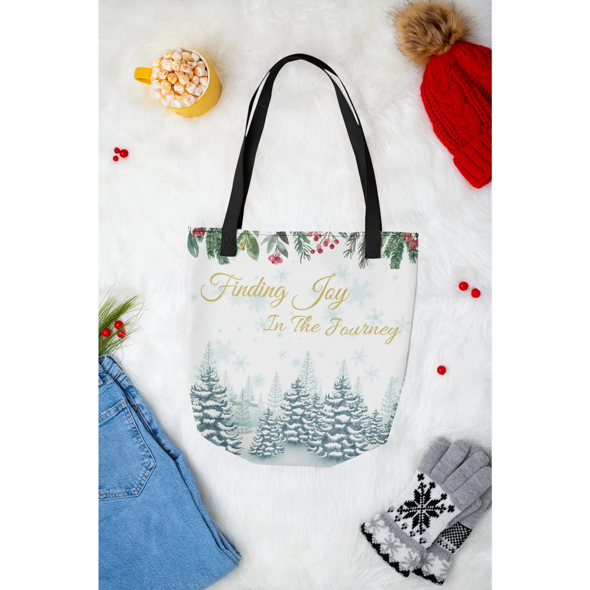 Winter Wonderland Tote Bag - "Finding Joy in the Journey", Snowy Landscape, Christmas Tote, Holiday Shopping Bag, Festive Winter Tote, Winter tote bag