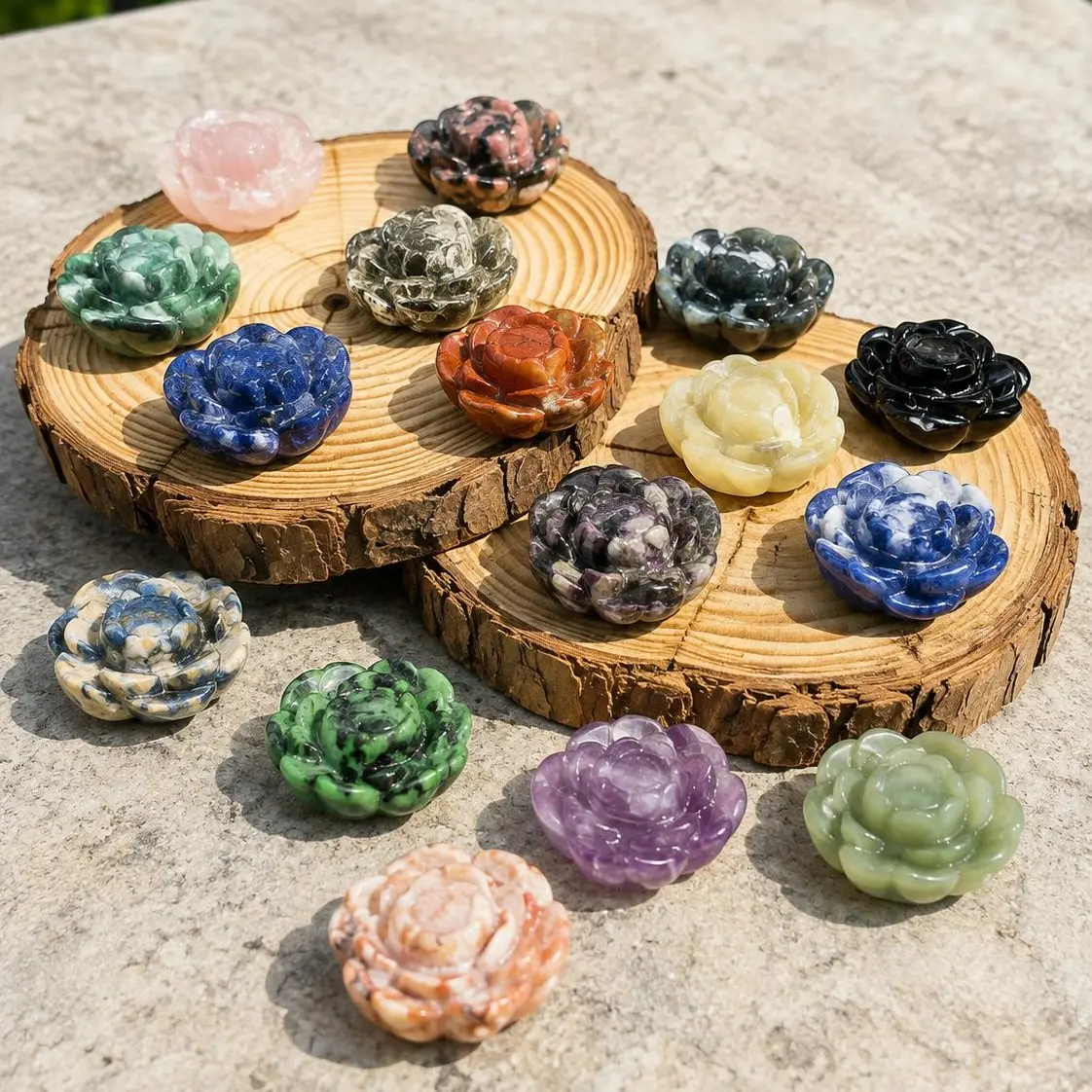 Stargate Premium Mixed Gemstone Flower Carving - Natural Crystal Rose/Lotus Figurine (1 Pc, Approx. 3cm)
