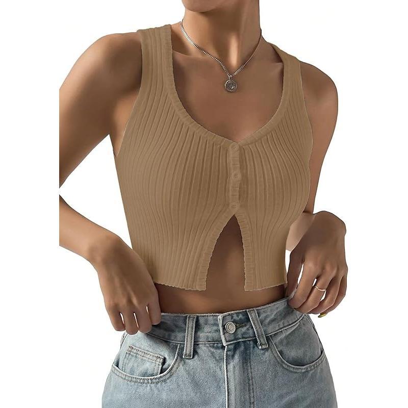 Women's Button Front Ribbed Knit Crop Tank Top Scoop Neck Sleeveless Casual Plain Crop Top Womenswear Bridal Short Basic Minimalist Skinny Slim Vneck White babydoll tops tubetops summer tops crop tops weighted vests women