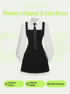 Women's Button Decoration Fitted A-line Dress, Casual Bishop Sleeve Dress for Daily Wear, Ladies Clothes for All Seasons, Elegant