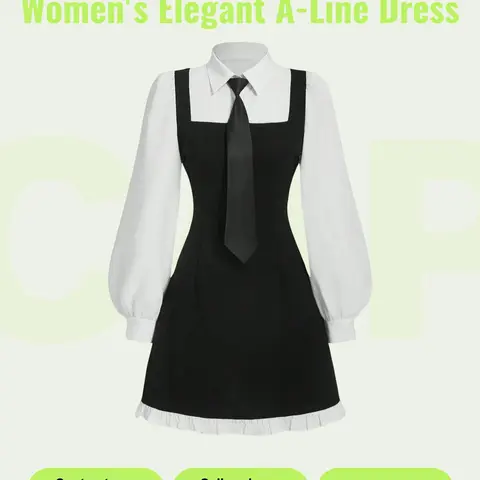Women's Button Decoration Collared A-line Dress, Casual Long Sleeve Bishop Sleeve Dress for Daily Wear, Ladies Clothes for All Seasons, Casual Chic Dress, Womenswear