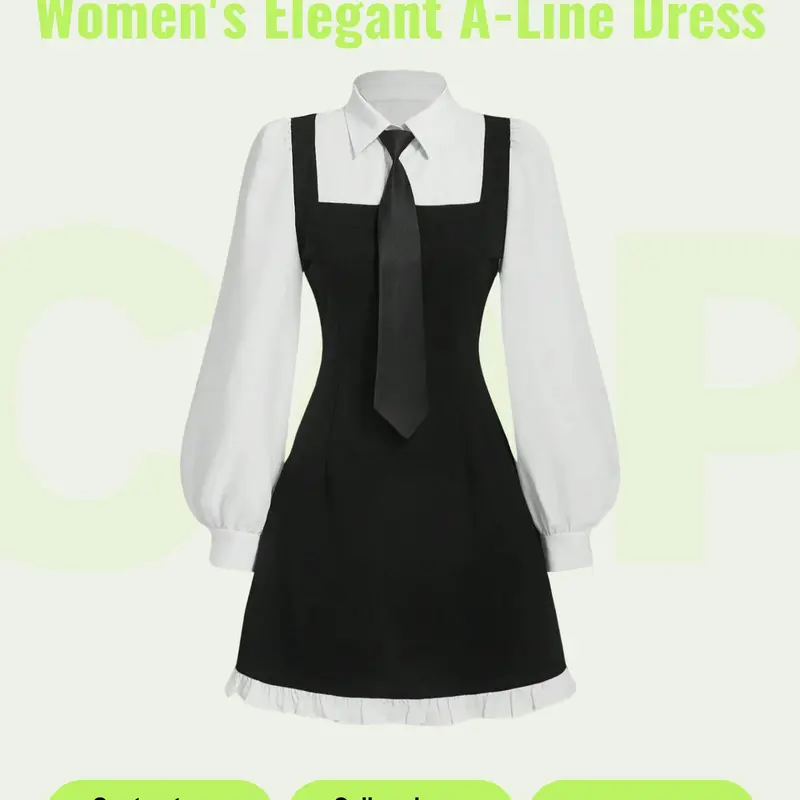 Women's Button Decoration Collared A-line Dress, Casual Long Sleeve Bishop Sleeve Dress for Daily Wear, Ladies Clothes for All Seasons, Casual Chic Dress, Womenswear