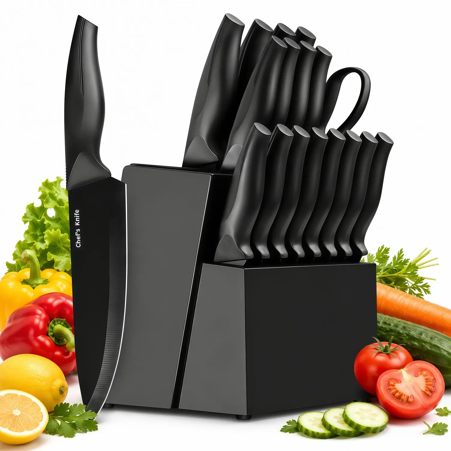 XANAPON 19-Piece Self-Sharpening Kitchen Knife Block Set, High Carbon Stainless Steel Knives with Built-In Sharpener, 8 Steak Knives, Ergonomic Anti-Slip Handles, Space-Saving Black Knife Set for Home Kitchen