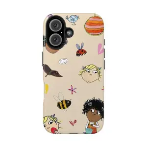 Cute Sibling Cartoon Doodle Tough Phone Case – Minimalist Character Design Phone Cover for iPhone 11, 12, 13, 14, 15, 16, 17 Pro Max Plus. Durable & Adorable Protective Case.
