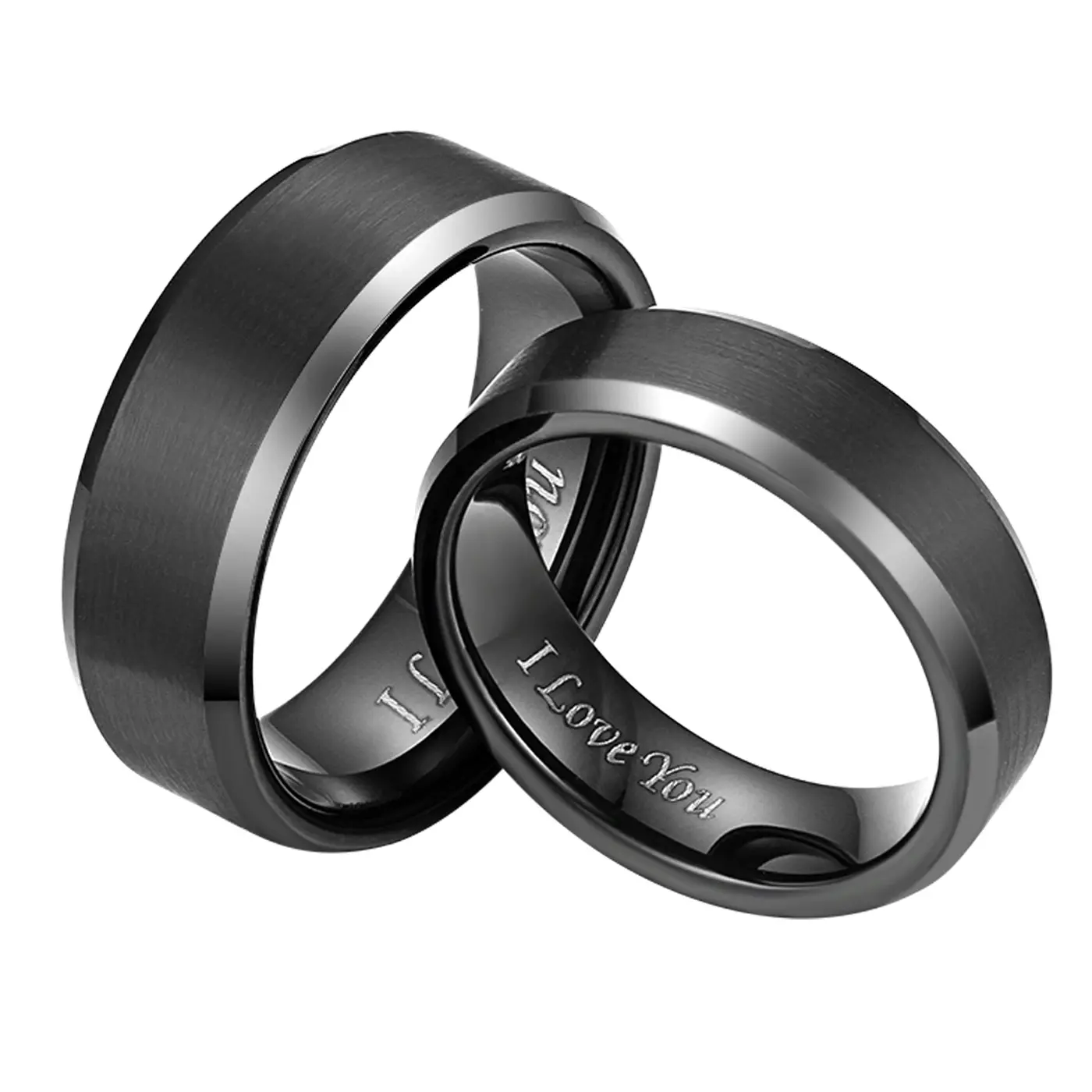 OIDEA 6mm Black Brushed Tungsten Carbide Couple Band - Step Edges, "I Love You" Engraved Marriage Ring, Mens Gifts, Couple Gifts for Adults, Engagement Anniversary Band, Tungsten Carbide Rings, Commemorative Ring