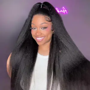 Bling Hair 360 Pre Cut Pre-Plucked Wear and Go Glueless Wigs 13x6 Lace Frontal Wigs Human Hair Tiny Knots Kinky Straight Human Hair Glueless Wig 200% Density for Beginner Invisi Draw-strings 14-28 Inch