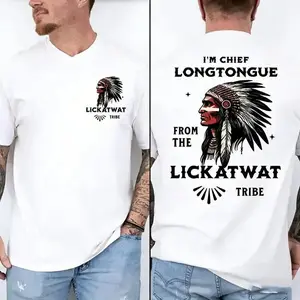 Women's Likatwaate Tribe Long Tongue Chief Short-Sleeve Round Neck Streetwear Top, Casual Unisex Native American Satirical Graphic Meme Quote Statement Apparel