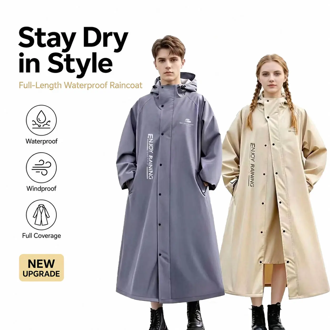 Unisex Full-Body Raincoat, Long Thick Waterproof Trench Coat with a Large Hood, Wind Resistant for E-Bike and Outdoor Cycling, Full Body Cover, Waterproof Hooded Raincoat