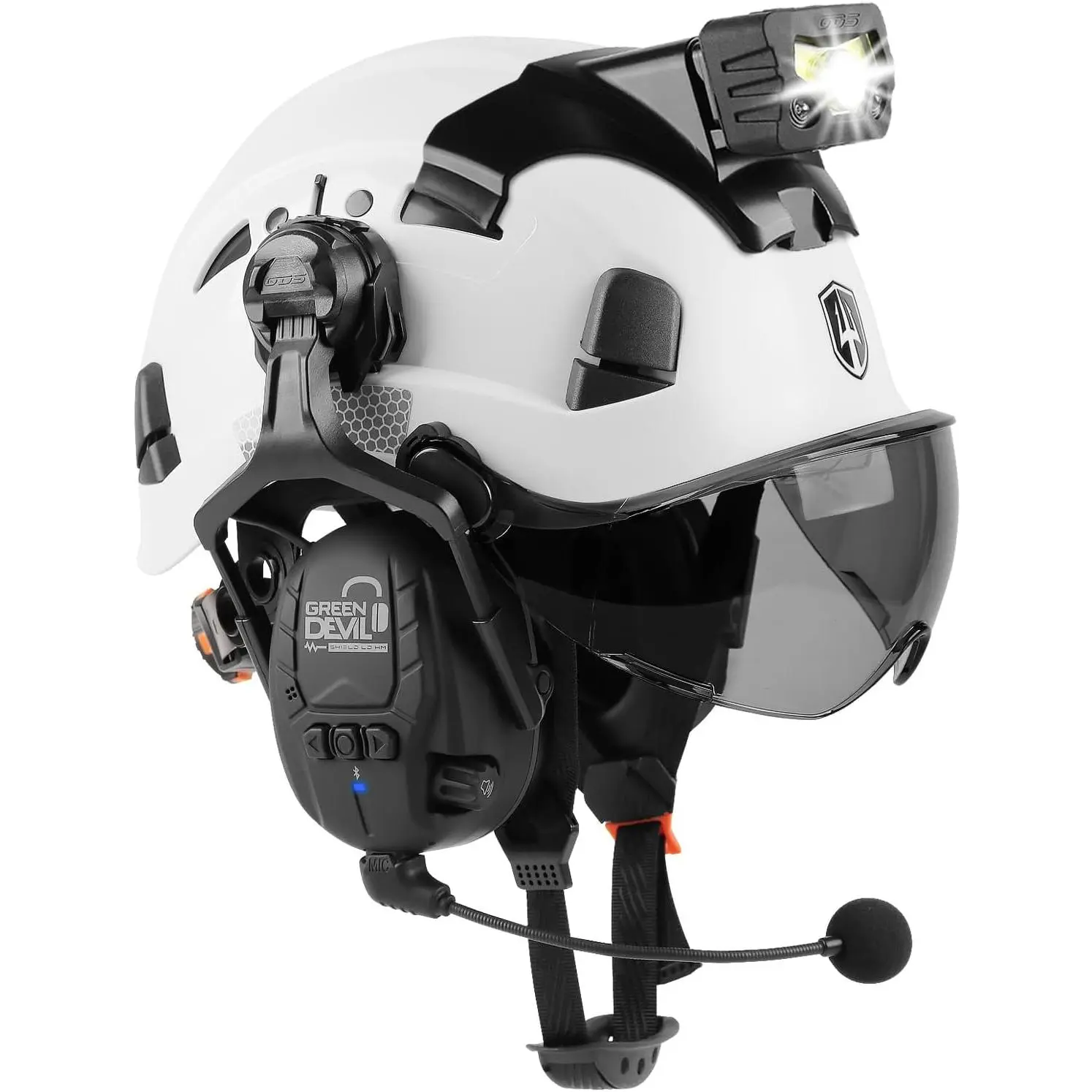 White with Bluetooth Earmuffs and Headlight