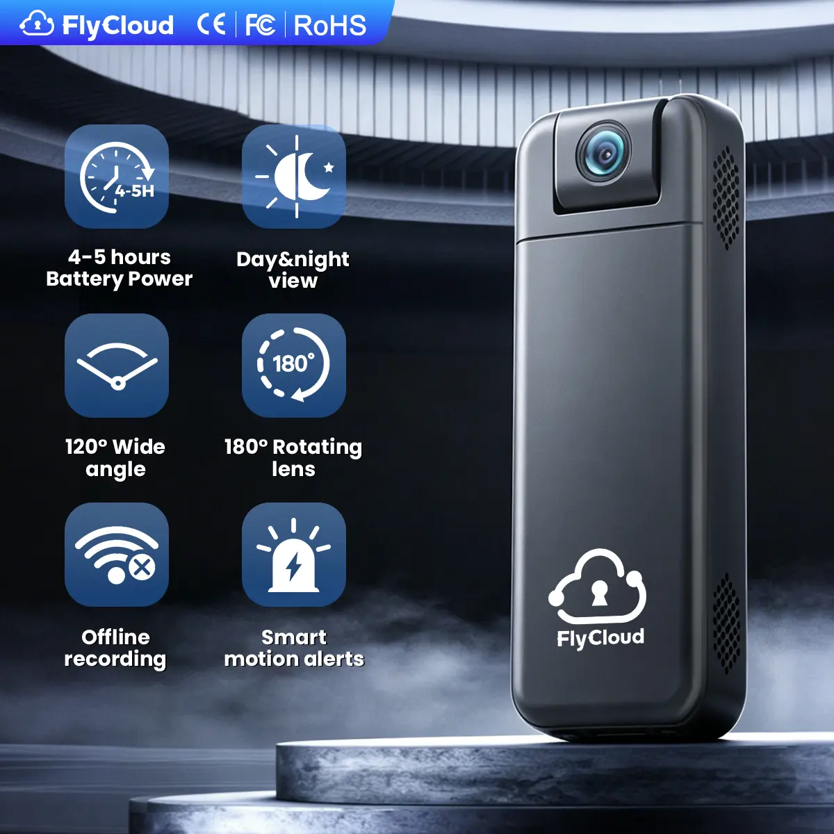 FlyCloud 7 Digital Camera - 1080P HD, 1900mAh Battery, 180° Rotatable 120° Wide-Angle Lens, Smart Infrared Night Vision, Wi-Fi, Bluetooth, APP Control, AI Motion Detection, Free 16GB Micro SD Card, Portable for Daily Vlogging & Pet Recording, Compact