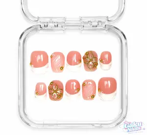 GakuNails GLOW BLOOM #2 Extra Short Square Press-On Nails - 10 PCS Multi-Pack, Handmade 3D Flower French Tip Builder Gel, Flower Design Nails, Floral Rhinestone Embellished, Reusable, Elegant Look, Select Sizes