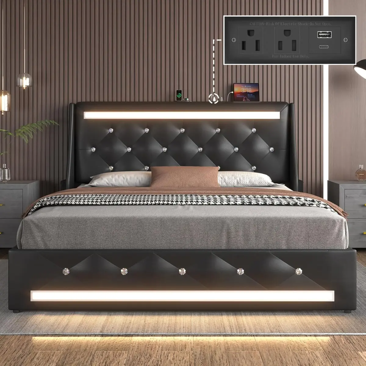 Full/Queen Size Bed Frame with LED Lights, Upholstered Bed Frame with Charging Station, Platform Bed with Diamond Headboard, Wooden Slats, No Box Spring Needed, Noise Free, Easy Assembly, Black