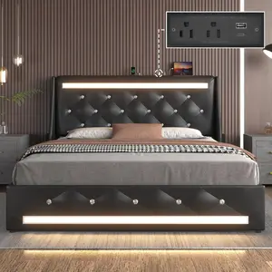 Full/Queen Size Bed Frame with LED Lights, Upholstered Bed Frame with Charging Station, Platform Bed with Diamond Headboard, Wooden Slats, No Box Spring Needed, Noise Free, Easy Assembly, Black