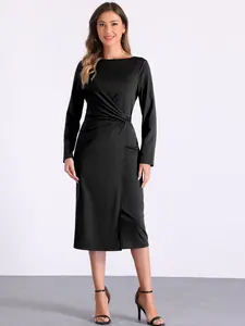 INSPIRE CHIC Wear To Work Sheath Dress Women's Long Sleeve Wrap Ruched Waist Boat Neck Church Midi Dress