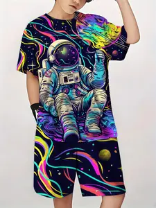 Boys' Junior Astronaut Print Set, Summer Lightweight Comfortable Hoodie & Shorts, Casual Breathable Quick-Dry for Outdoor Sports