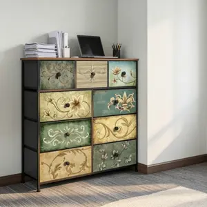 9-Drawer Fabric Dresser with Wooden Top, Retro Floral Pattern Chest of Drawers, Multipurpose Storage Cabinet for Bedroom, Closet, Nursery, Entryway and Hallway, Can Also Serve as TV Stand for Living Room