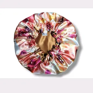 Gold Floral Print Satin Bonnet: Adjustable Sleep Cap, Double Layer Adult Satin Bonnet, Soft and Breathable Hair Care Bonnet, Adjustable Night Sleeping Cap, Heatless Styling Tool for Women