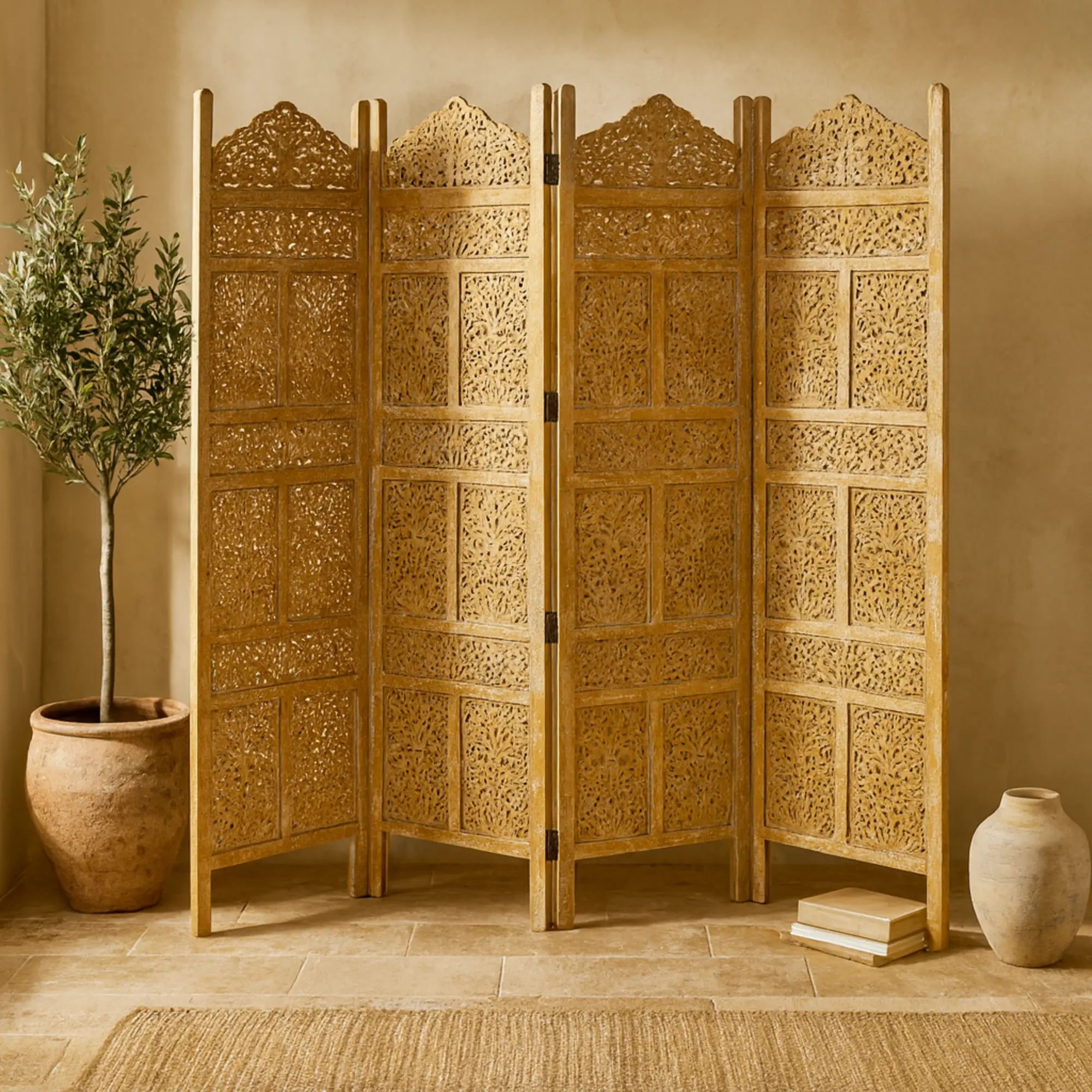 Handmade 4-Panel Foldable Room Divider Screen, Distressed Floral Gold Wooden Partition with Traditional Art Carved Designs, Luxurious Vibe, 80l x 1w x 71h in