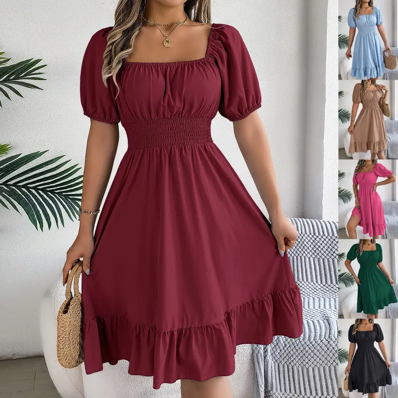 Women's 2026 Spring Casual Wear Square Neck Short-Sleeve Waist-Tiered Ruffled A-Line Dress, Lady's Summer Spring Dresses 2026 Womenswear Fitted