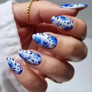 Almond Nail Art Set, Blue Floral Design, Medium Size Fit, Transparent Glossy Finish, Retro Literary Style, Easy Remove