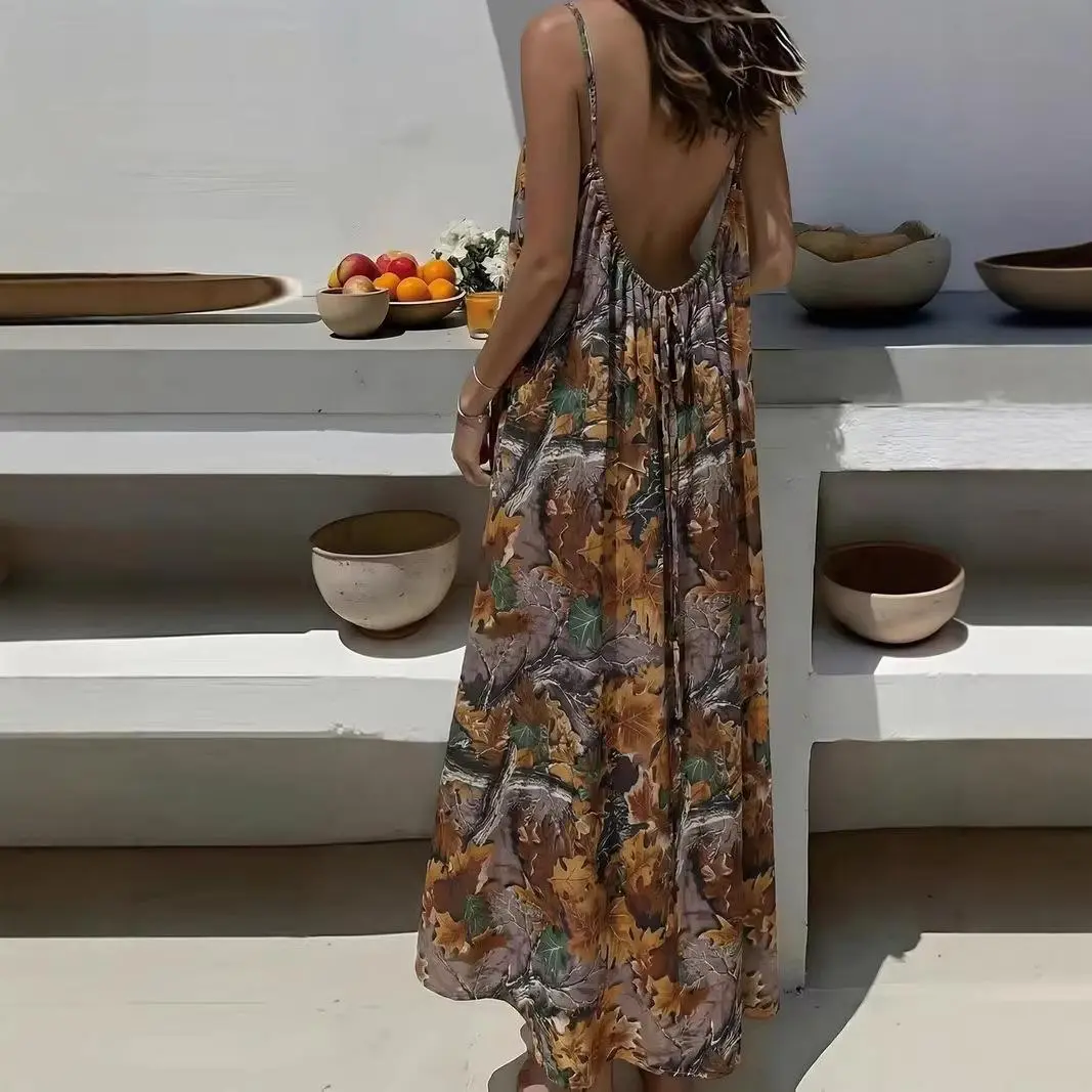 Women's Printed Cami Lounge Dress, Elegant Sleeveless Backless Long Dress for Summer, Ladies Casual Beach Wear Women's Printed Cami Lounge Dress, Elegant Sleeveless Backless Long Dress for Summer, Ladies Casual Beach Wear