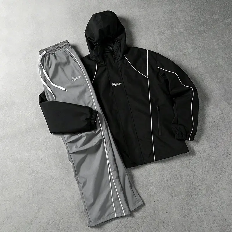 Fashionable casual sports suit jacket, striped stand up collar 2 piece sets,full zipper closure coat, straight drawstring elastic waistband sports pants tracksuits for men